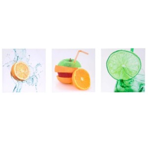 3-teiliges Leinwandbild Set mit frischen Obstmotiven: Orange in Wasser, Apfel-Frucht-Mix, Limette am Glas. Moderne Wanddeko.