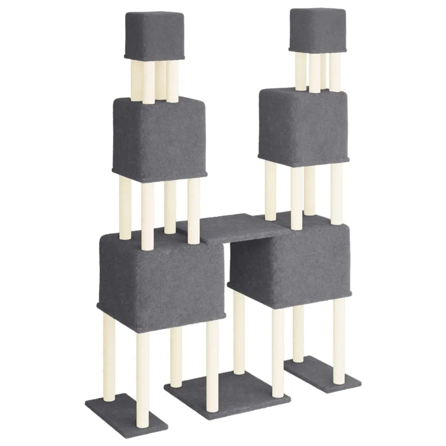 Dunkelgrauer vidaXL Kratzbaum mit Sisal-Säulen, 199 cm hoch. Katzenmöbel mit Liegeflächen und Kuschelhöhlen.