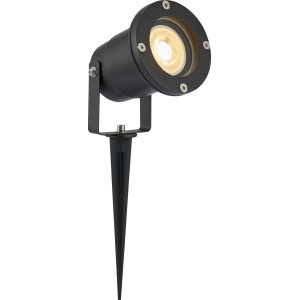 Schwarzer LED Gartenstrahler 5W mit Erdspieß und GU10 Fassung.