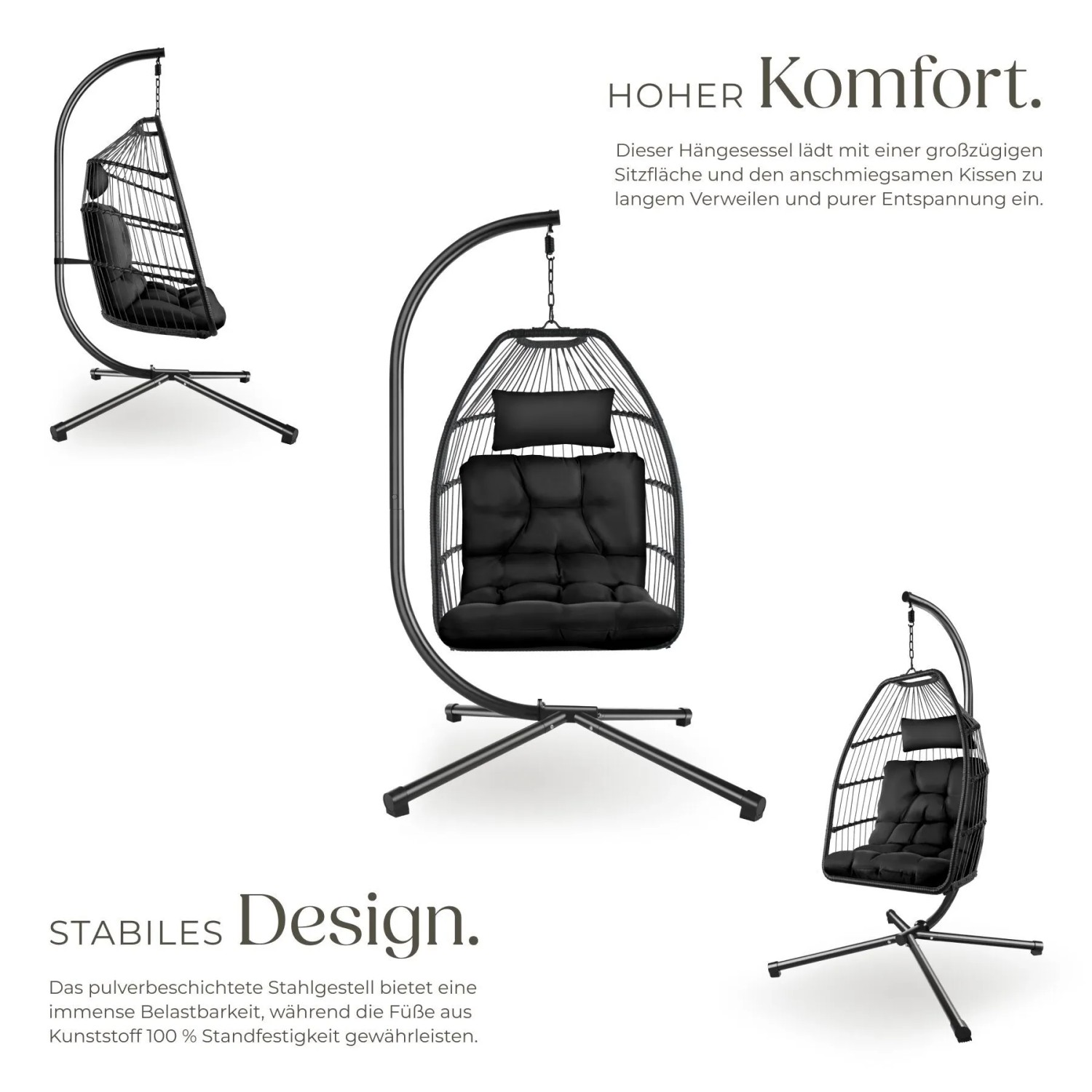 Tectake Hängesessel Mit Gestell Ariane Mit Extra Dickem Sitz  und Kopfkissen Stabil  Bodenschonend und Faltbar  107 x 98 x 202 cm Schwarz_3