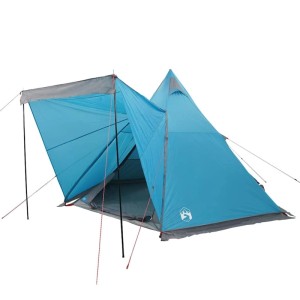 Blaues vidaXL Tipi-Familienzelt für 6 Personen, wasserdicht, mit geöffnetem Eingang.
