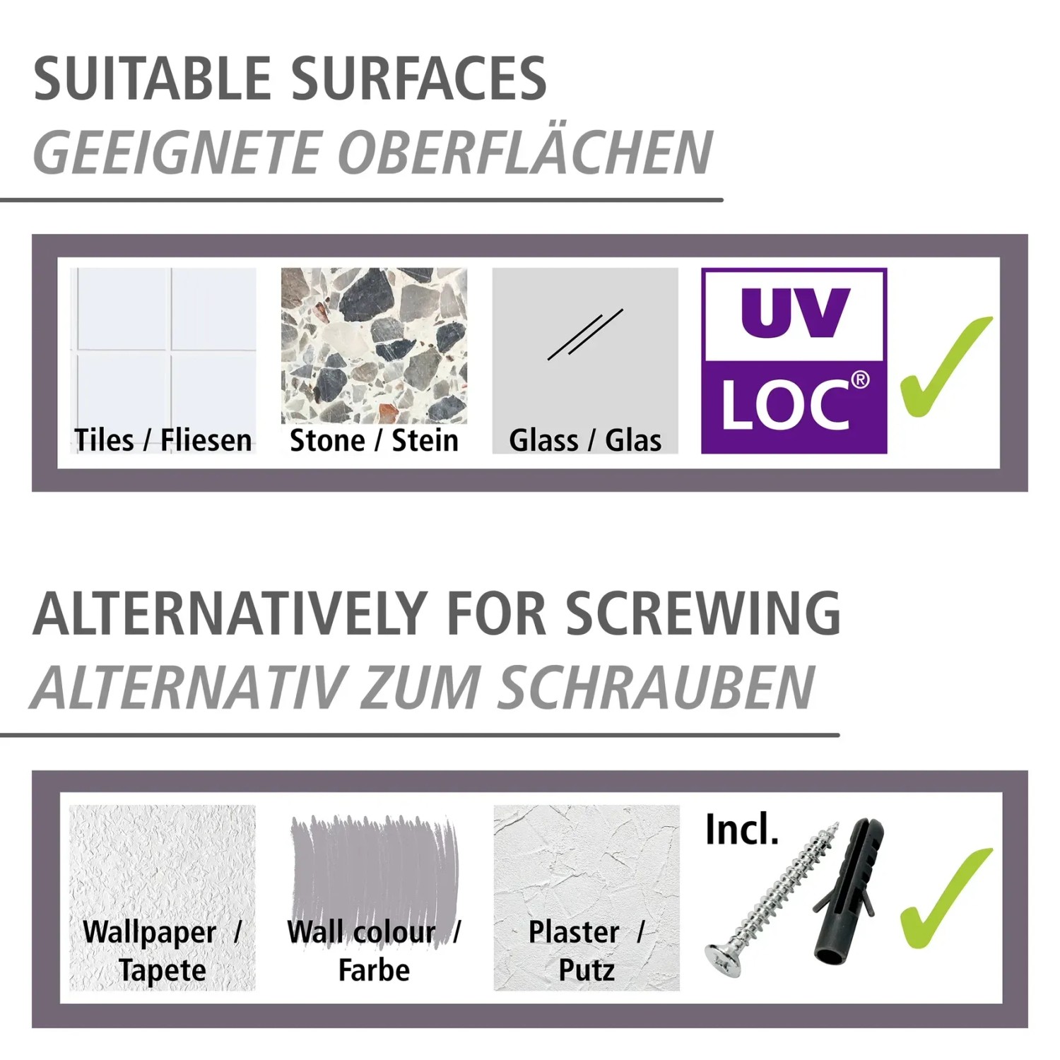 Montagearten Wenko Badetuchstange: UV-Loc Klebesystem für Fliesen, Stein, Glas oder Schrauben mit Dübel für Tapete, Farbe, Putz.