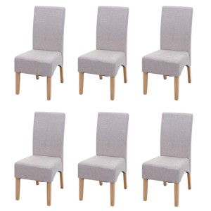 Sechs gepolsterte Esszimmerstühle aus Stoff in Creme Beige mit hoher Rückenlehne und hellen Holzbeinen im 6er-Set.