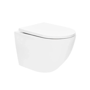 Weißes spülrandloses Wand-WC mit SoftClose WC-Sitz und verdeckter Befestigung aus glänzender Keramik.