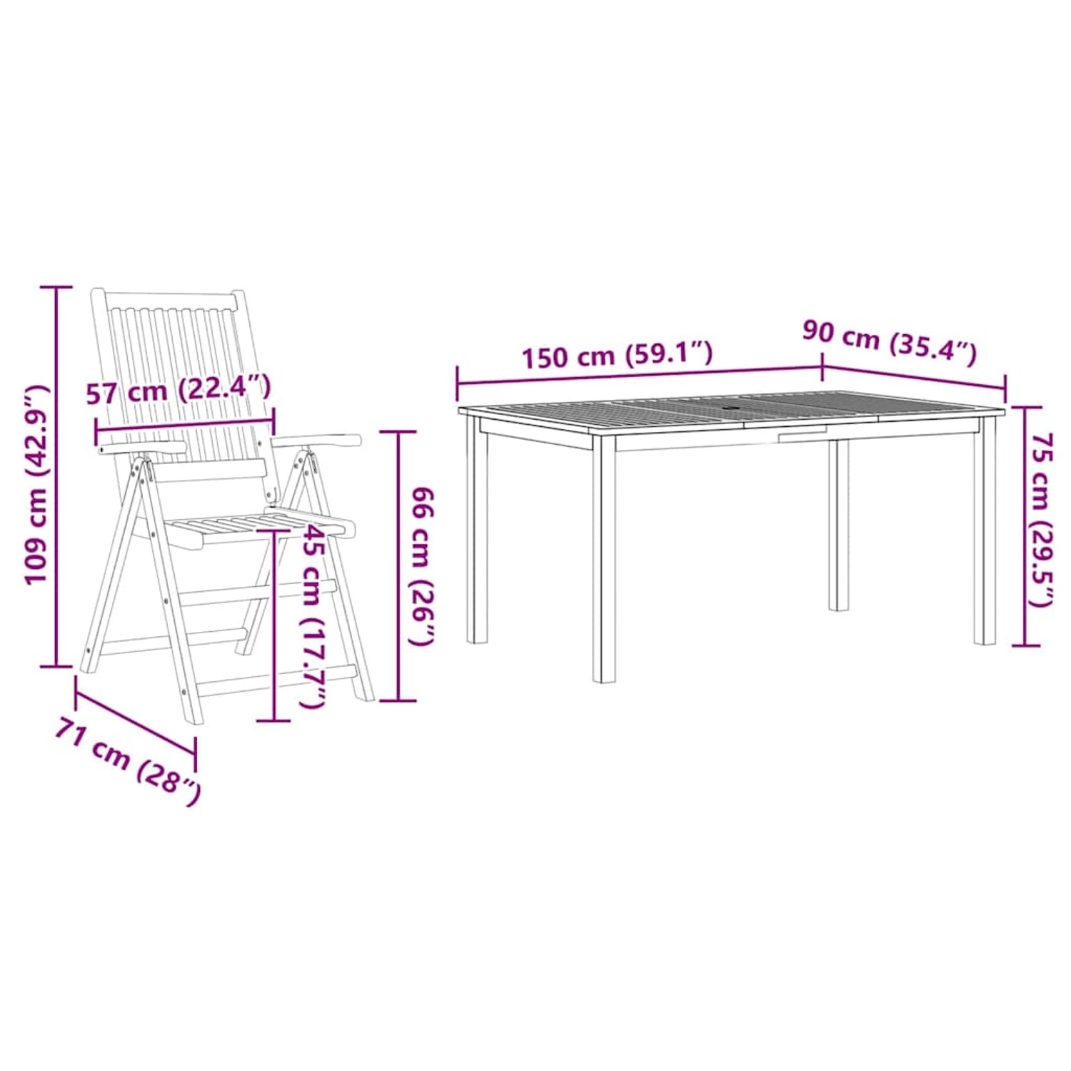 vidaXL 5-tlg. Garten-Essgruppe aus Akazienholz, klappbar, mit Maßangaben für Tisch und Stuhl.