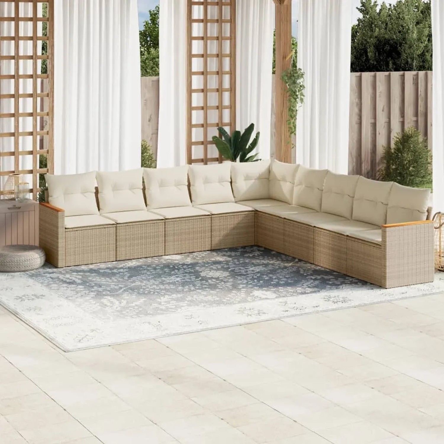 Beige 9-tlg. vidaXL Garten-Sofagarnitur aus Polyrattan mit Kissen. Modulares Lounge Set für Terrasse und Garten.