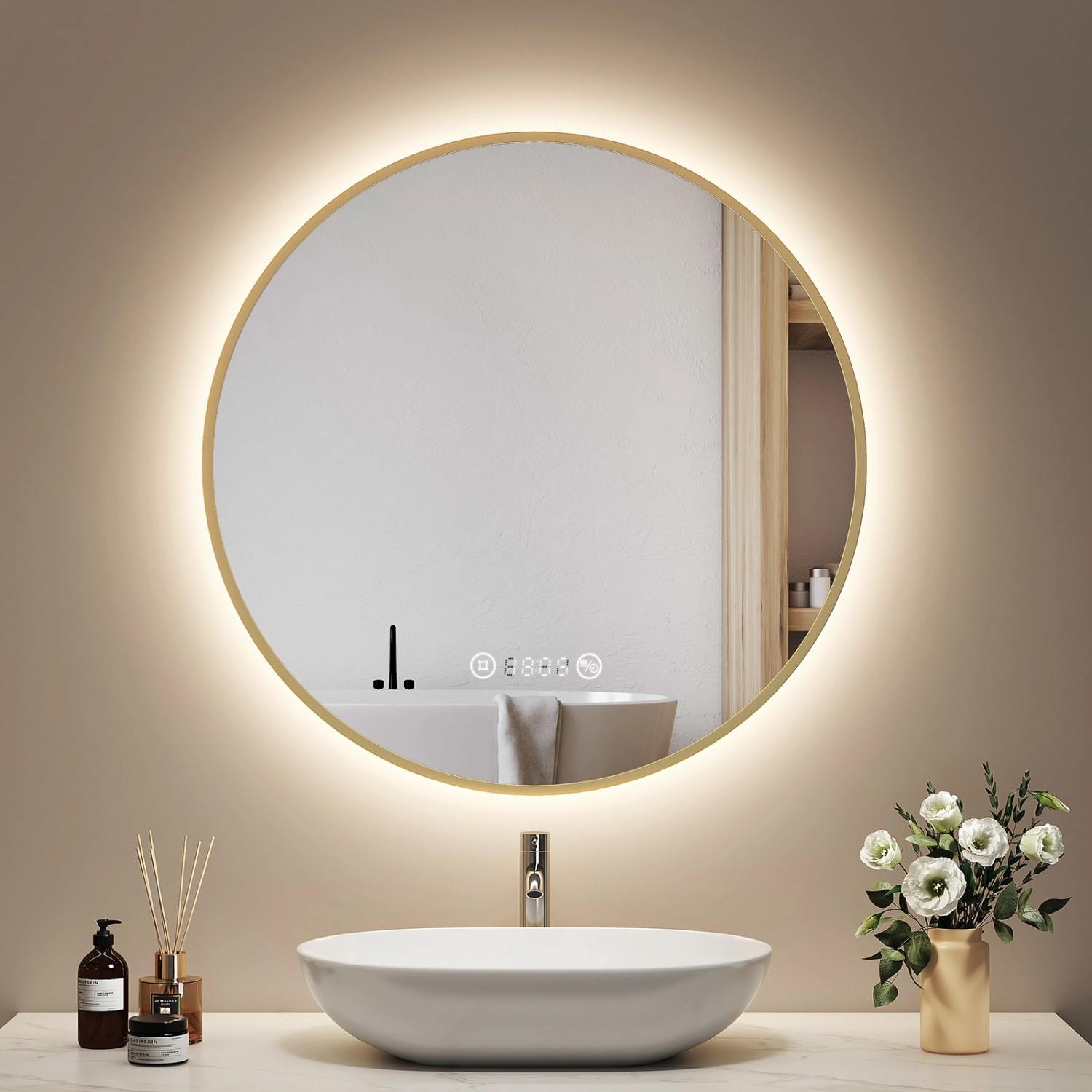 Emke Rund LED Badspiegel 70 cm Spiegel mit Beleuchtung Gebürstetem Goldrahm günstig online kaufen
