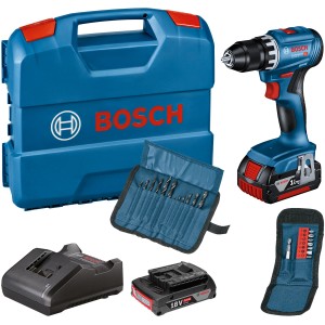 Bosch Professional Akku-Bohrschrauber GSR 18V-45 Set mit Akkus, Ladegerät und Koffer.