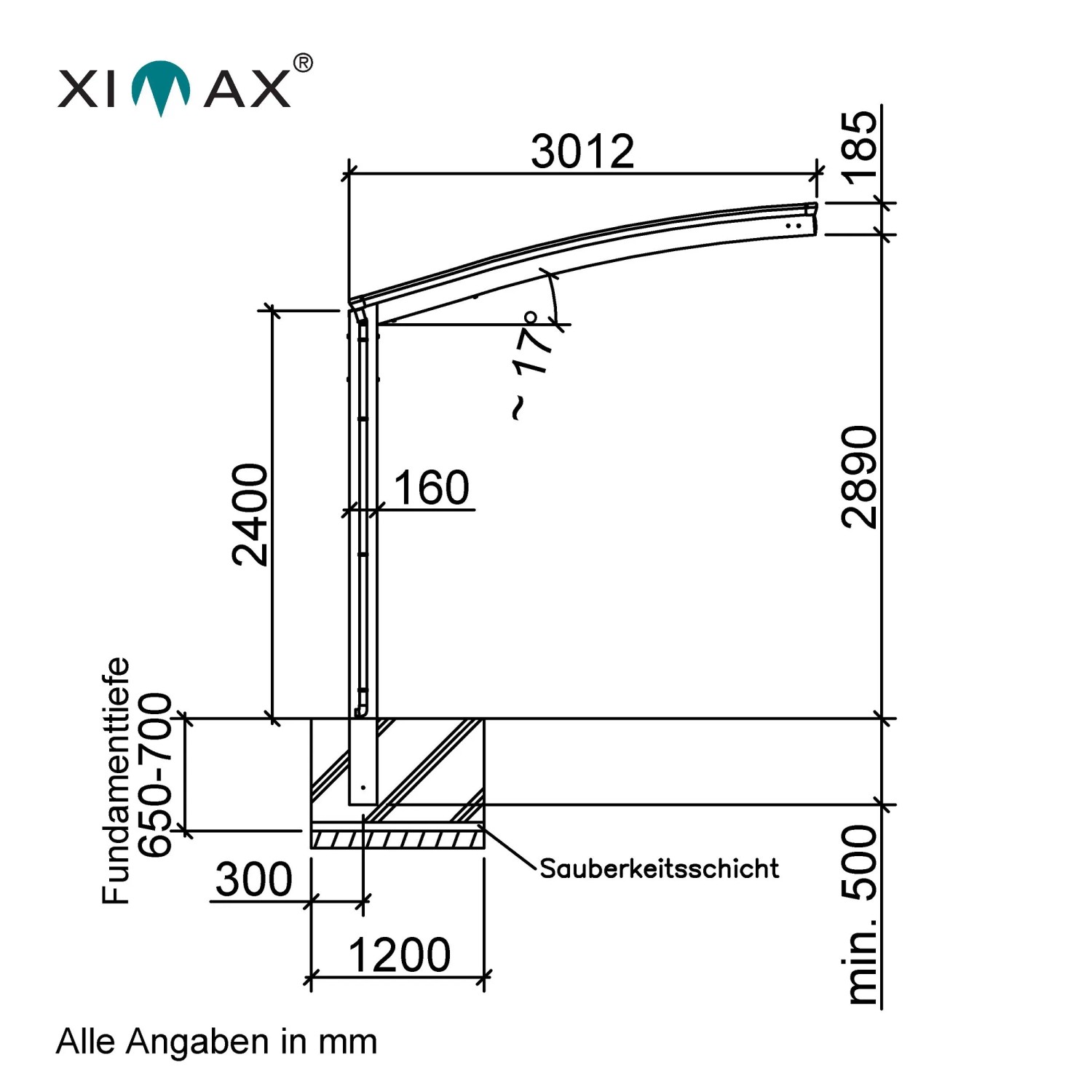 Technische Zeichnung: Ximax Carport Portoforte-80, Maße und Fundamentdetails.