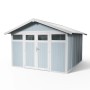 Grosfillex Gerätehaus Utility 11 in Graublau, 11 m², mit Doppeltür und Fenstern. Ideal zur Aufbewahrung im Garten.
