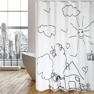 MSV Duschvorhang Kindergarten, weiß mit kindlichen Zeichnungen in Schwarz, 180x200 cm.