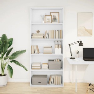 Weißes vidaXL Bücherregal mit 5 offenen Fächern aus Holzwerkstoff, gefüllt mit Büchern und Dekoartikeln.