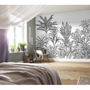 Komar Fototapete Palmen in Schwarz-Weiß, 350x250 cm, im Schlafzimmer.