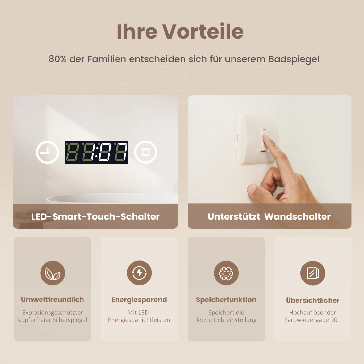 Emke Badspiegel 100x60cm mit LED, Uhr, 3-fach Vergrößerung, dimmbar, 3 Lichtfarben, Touch-Schalter, Vorteile.