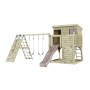 PolarPlay Spielturm Aksel altrosa mit Schaukel, Rutsche und Kletterwand.