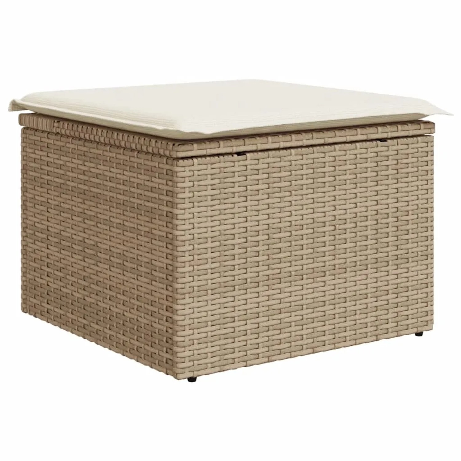 Beiger vidaXL Gartenmöbel-Fußhocker aus Rattan mit cremefarbenem Kissen.
