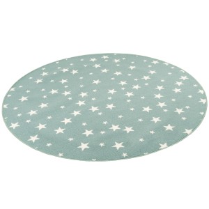 Runder, mintgrüner Kinderteppich mit weißen Sternen, 100 cm Durchmesser.