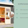 Karibu Gartenhaus Tessin 2: Detailansicht der Doppelflügeltür mit Glasausschnitten und Terragrau Lackierung.