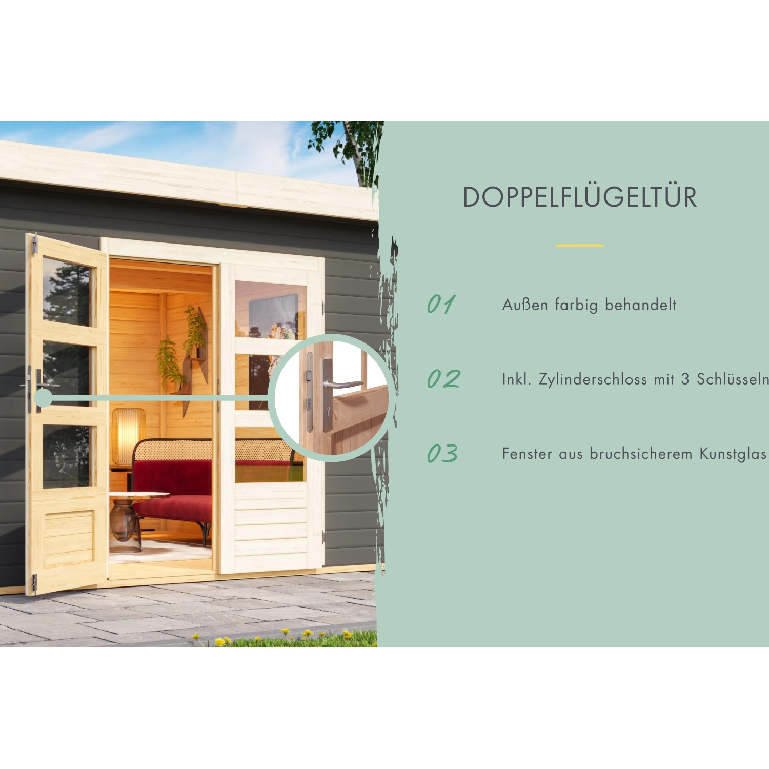 Karibu Gartenhaus Tessin 2: Detailansicht der Doppelflügeltür mit Glasausschnitten und Terragrau Lackierung.