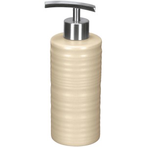 Kleine Wolke Seifenspender Sahara Natur, Steinzeug mit Rillen und silberfarbener Pumpe.