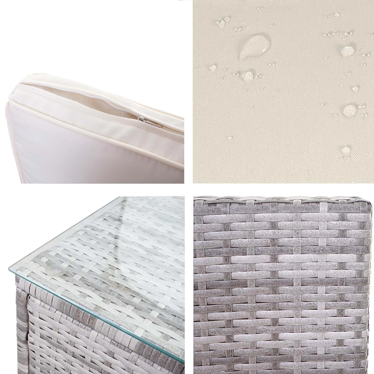 Detailansicht: Poly-Rattan Lounge-Garnitur Busto grau mit creme Kissen, wasserabweisend, Tisch mit Glasplatte.