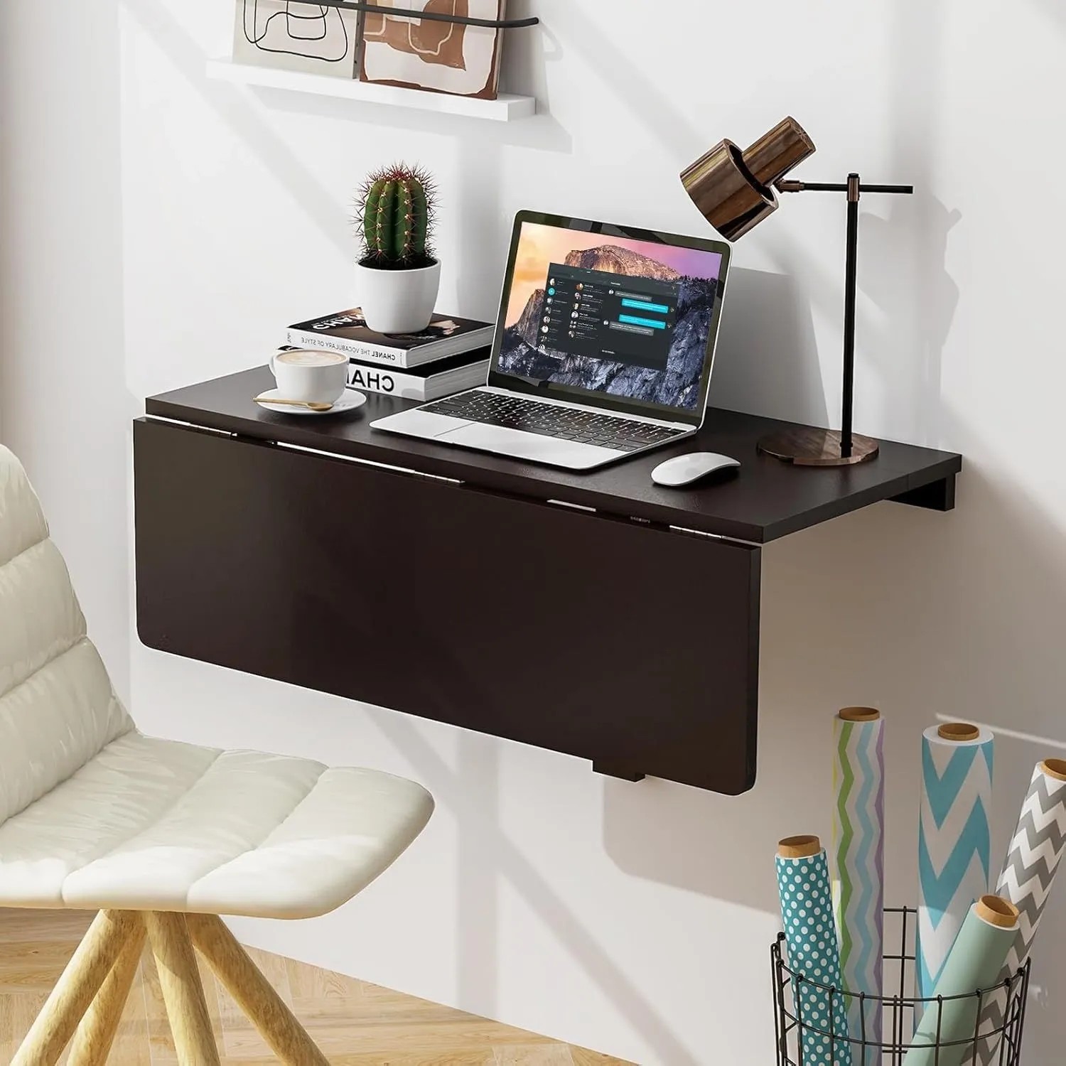 Costway Wandmontierter Klapptisch Klappbarer Wandtisch Braun 80 x 60 cm_2
