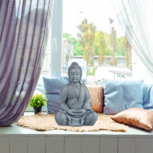 Relaxdays Buddha Figur Polyresin Hellgrau Sitzend Wetterfest Frostsicher 70 cm x 45 cm x 35 cm 9 kg