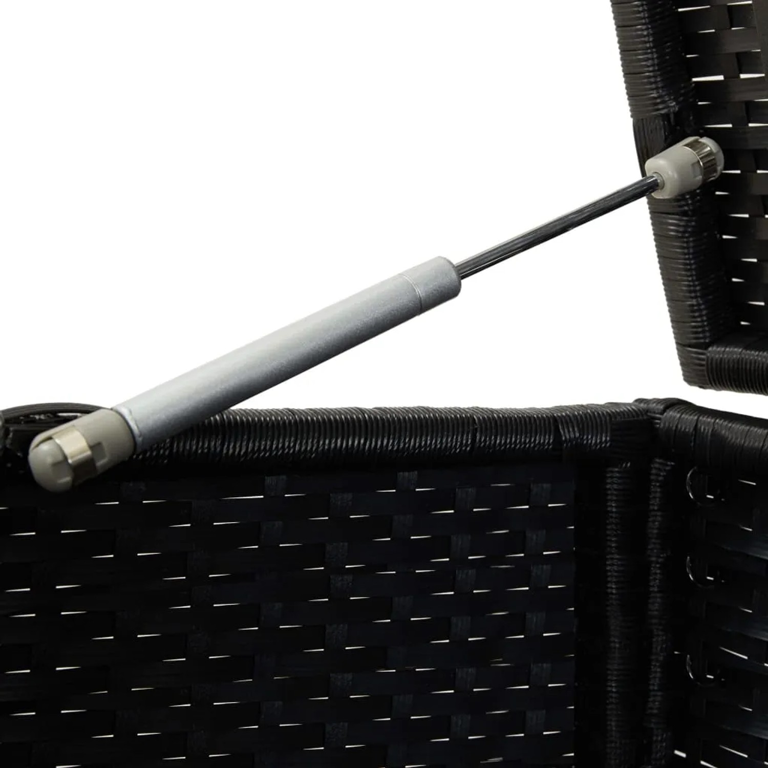 Detailaufnahme: Schwarze VidaXL Gartenbox aus Rattan mit Gasdruckfeder.