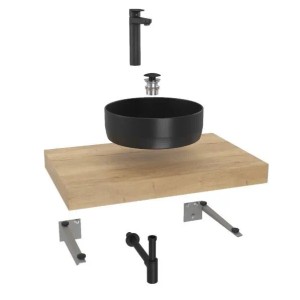 Hansgrohe Badezimmer-Set Rundes Waschbecken Schwarz Armatur Halifax Eiche Platte
