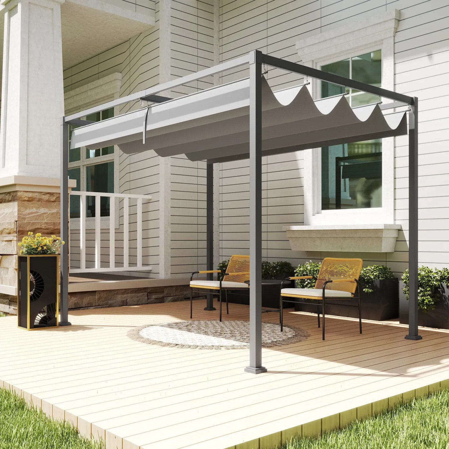 Graue Outsunny Pergola mit Terrassendach und zwei Stühlen auf einer Terrasse.