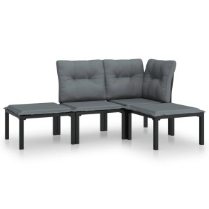 vidaXL Garten-Lounge-Set, 4-teilig, schwarz/grau, Poly Rattan. Eck- und Mittelstuhl mit Fußhocker und grauen Kissen.