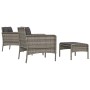 Graues 5-tlg. Garten Lounge Set aus Rattan mit Kissen, bestehend aus Stühlen, Hockern und Tisch.