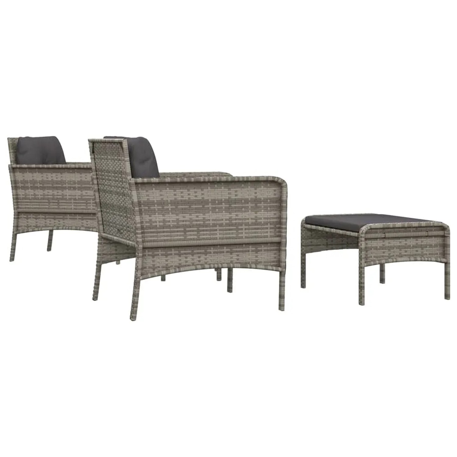 Graues 5-tlg. Garten Lounge Set aus Rattan mit Kissen, bestehend aus Stühlen, Hockern und Tisch.