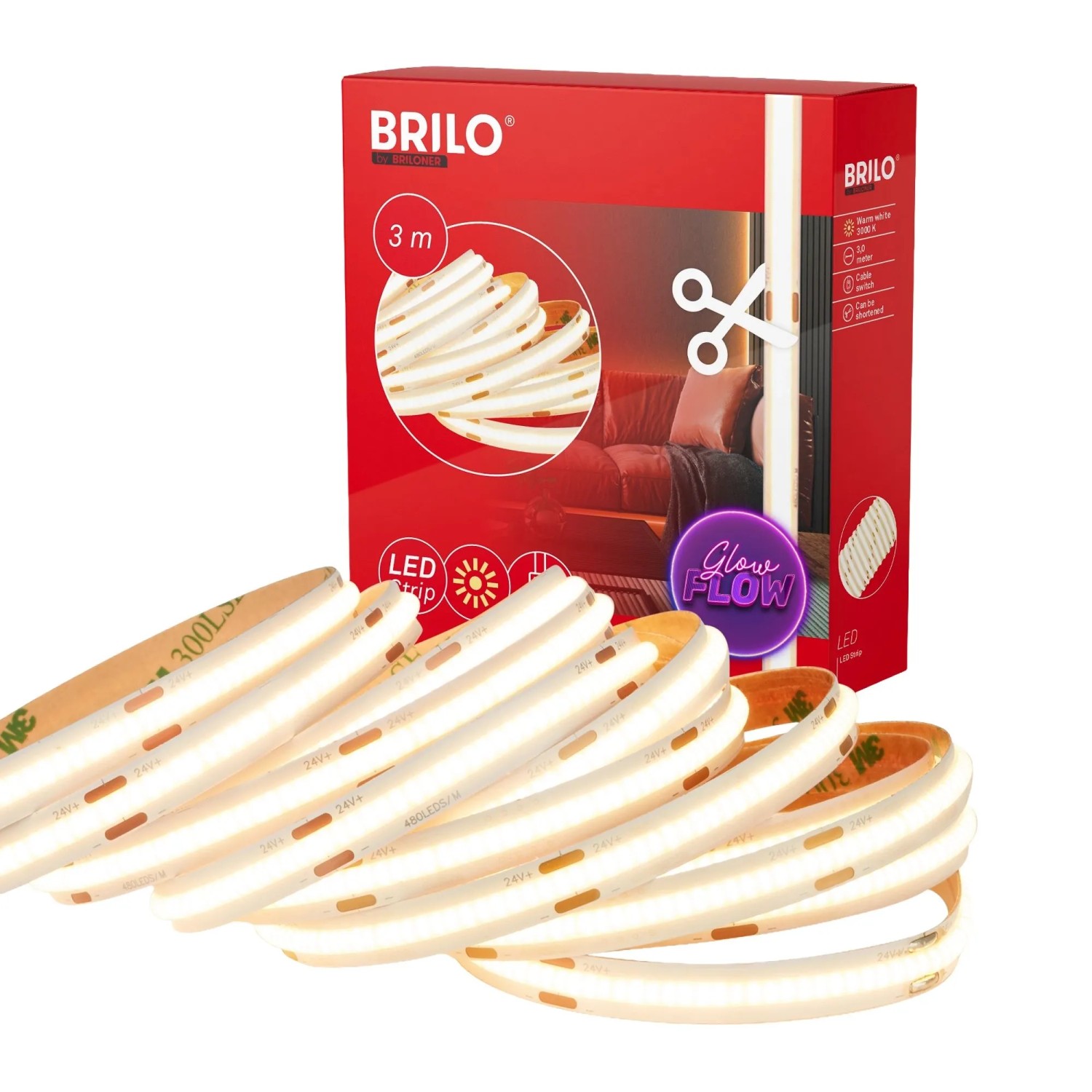 Brilo LED-Strip COB Warmweiß 3.000 K Kürzbar Selbstklebend Weiß 3 m