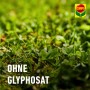 Nahaufnahme von Unkraut im Gras, beworben wird "Vorox Unkrautfrei Express" ohne Glyphosat.