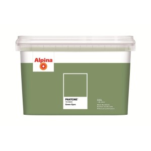 Alpina Innenfarbe Pantone Green Eyes 2,5 l. Grüner Eimer matter Wandfarbe mit Farbmuster Naturgrün.