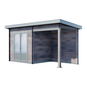 Graues Finnhaus Wolff WPC Gerätehaus Belana 4419 28 mit Schleppdach und Doppeltür.