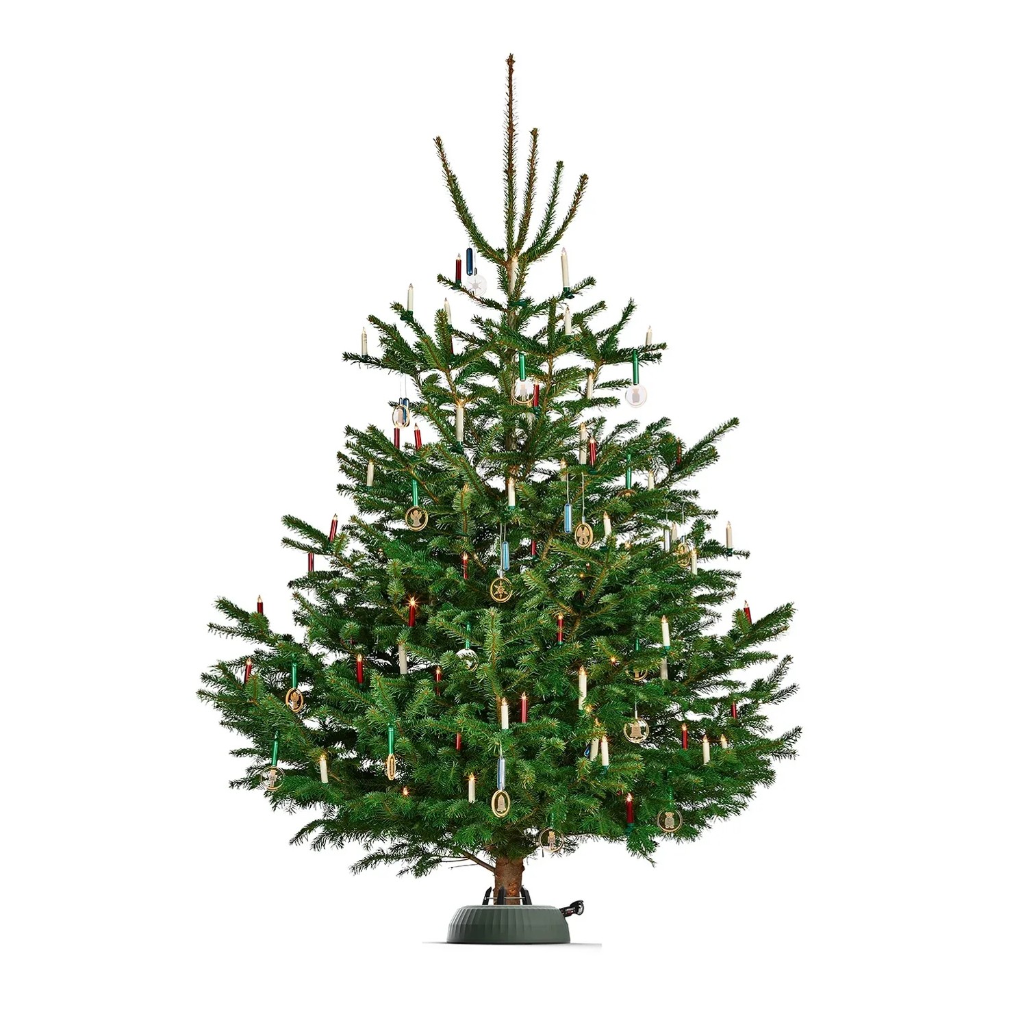 Geschmückter Weihnachtsbaum im Krinner Christbaumständer X-440 Deluxe mit Wasserstandsanzeige.