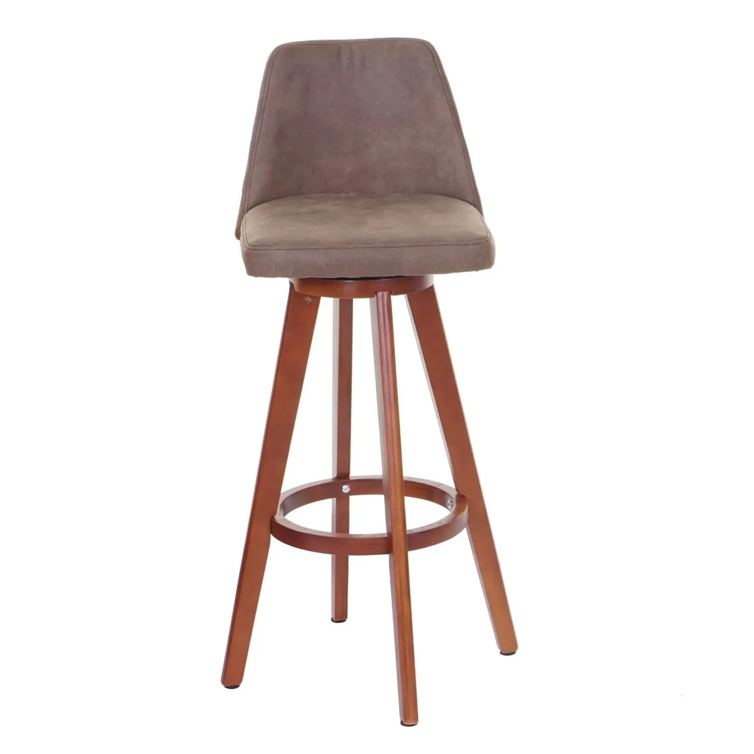 Drehbarer Barhocker mit Lehne, braunes Textil, helle Holzbeine, Sitzhöhe 73cm.