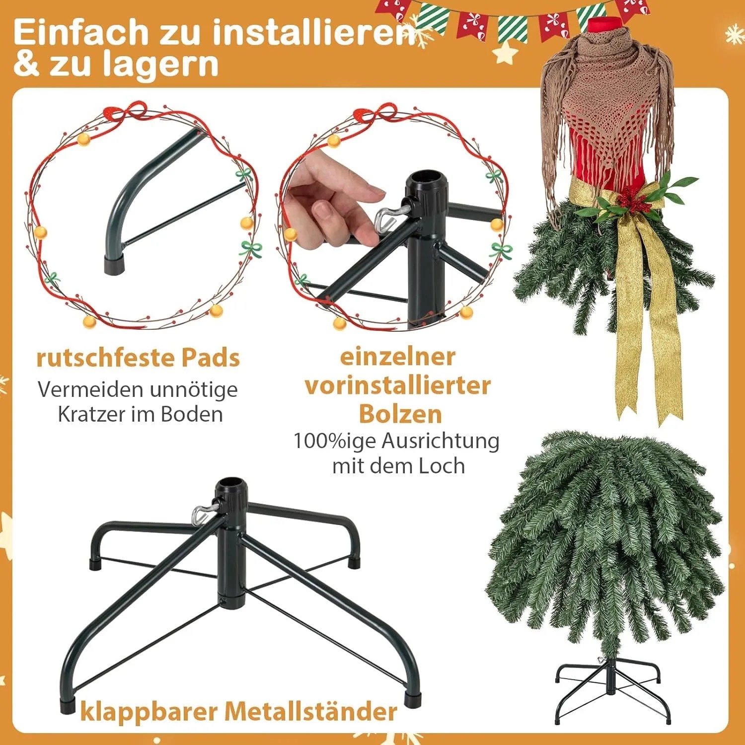 Montage des künstlichen Costway Weihnachtsbaums: klappbarer Metallständer, rutschfeste Pads, vorinstallierter Bolzen.