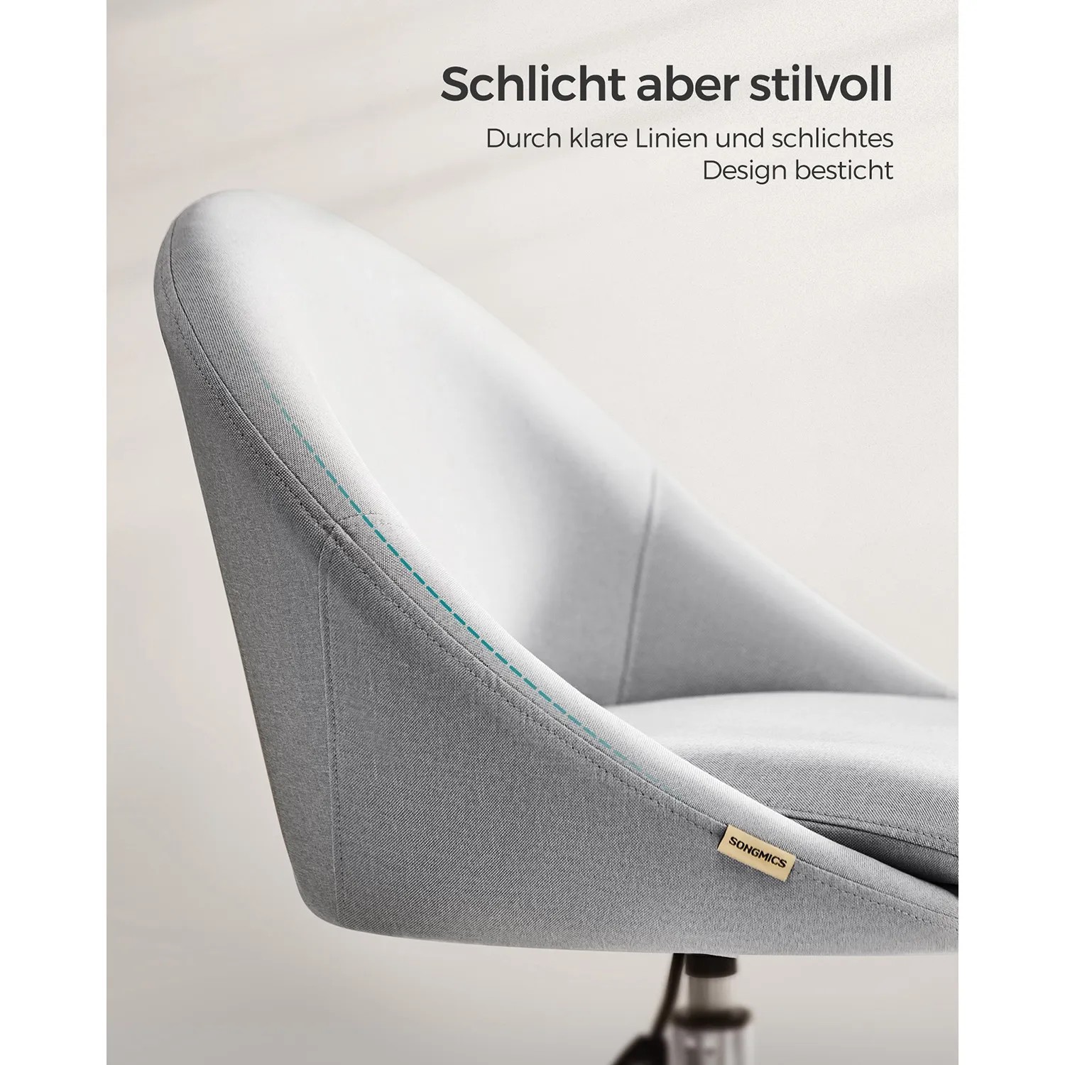 Detailansicht: Grauer Songmics Schreibtischstuhl, höhenverstellbar, Stoffbezug, ohne Armlehnen.