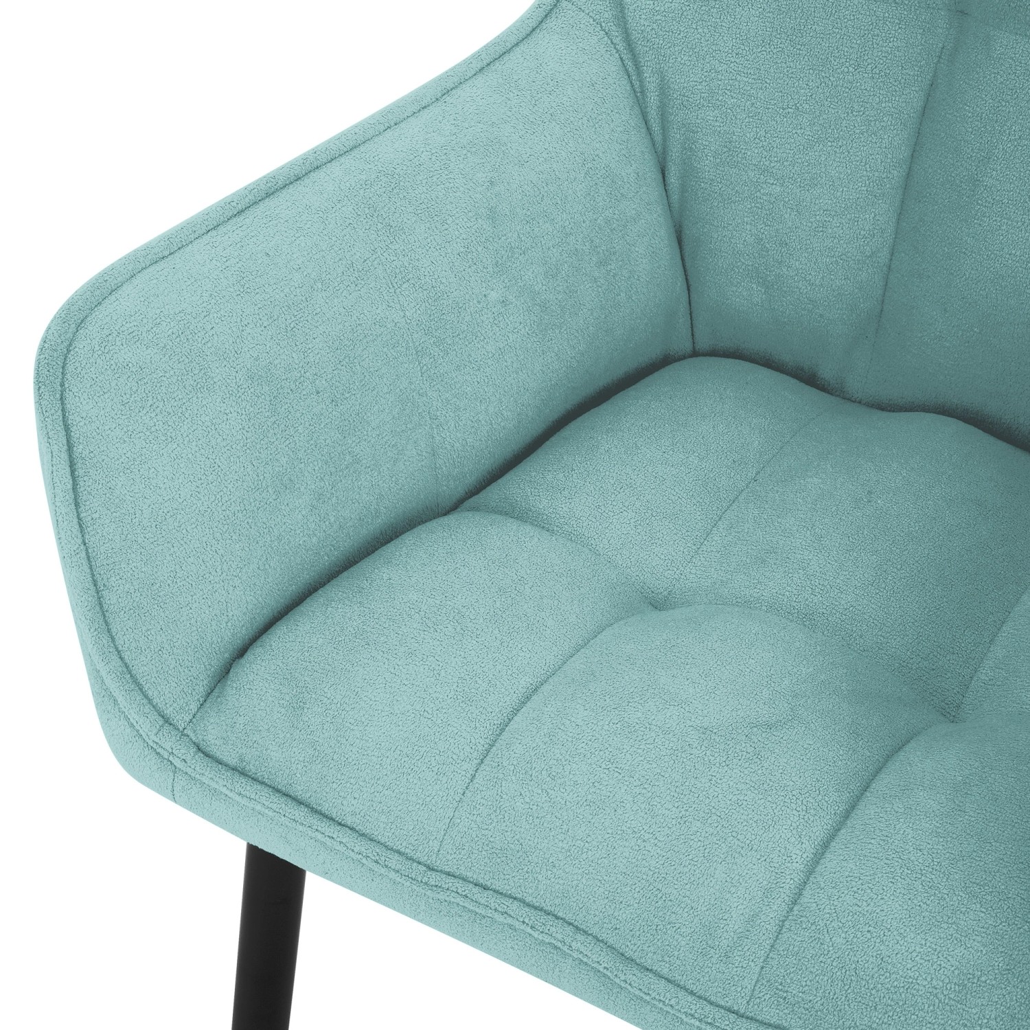 Detailansicht: Petrolfarbener ML-Design Esszimmerstuhl mit Frotteebezug und dicker Polsterung.