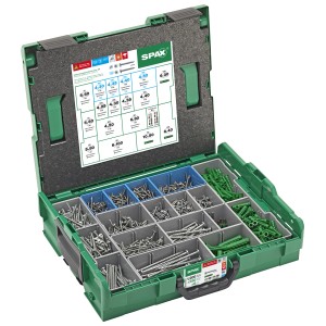 Spax Elektriker L-Boxx Schrauben-Set mit Schrauben, Dübeln und Bits in grüner Sortimentsbox.