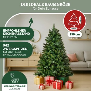 Künstlicher Weihnachtsbaum Nordmanntanne, 150 cm, mit Holzfuß und Geschenken im Wohnzimmer.