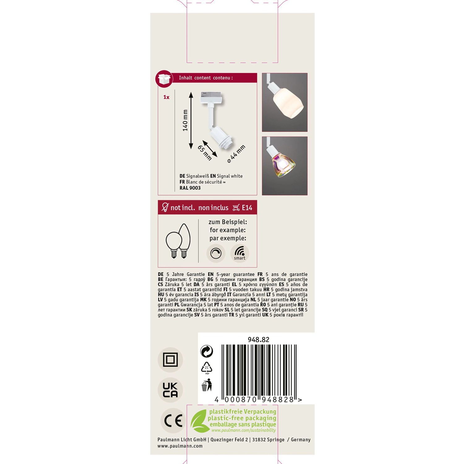 Verpackung des Paulmann URail Basic Schienenspots in Signalweiß, Details zu Maßen und E14 Fassung.
