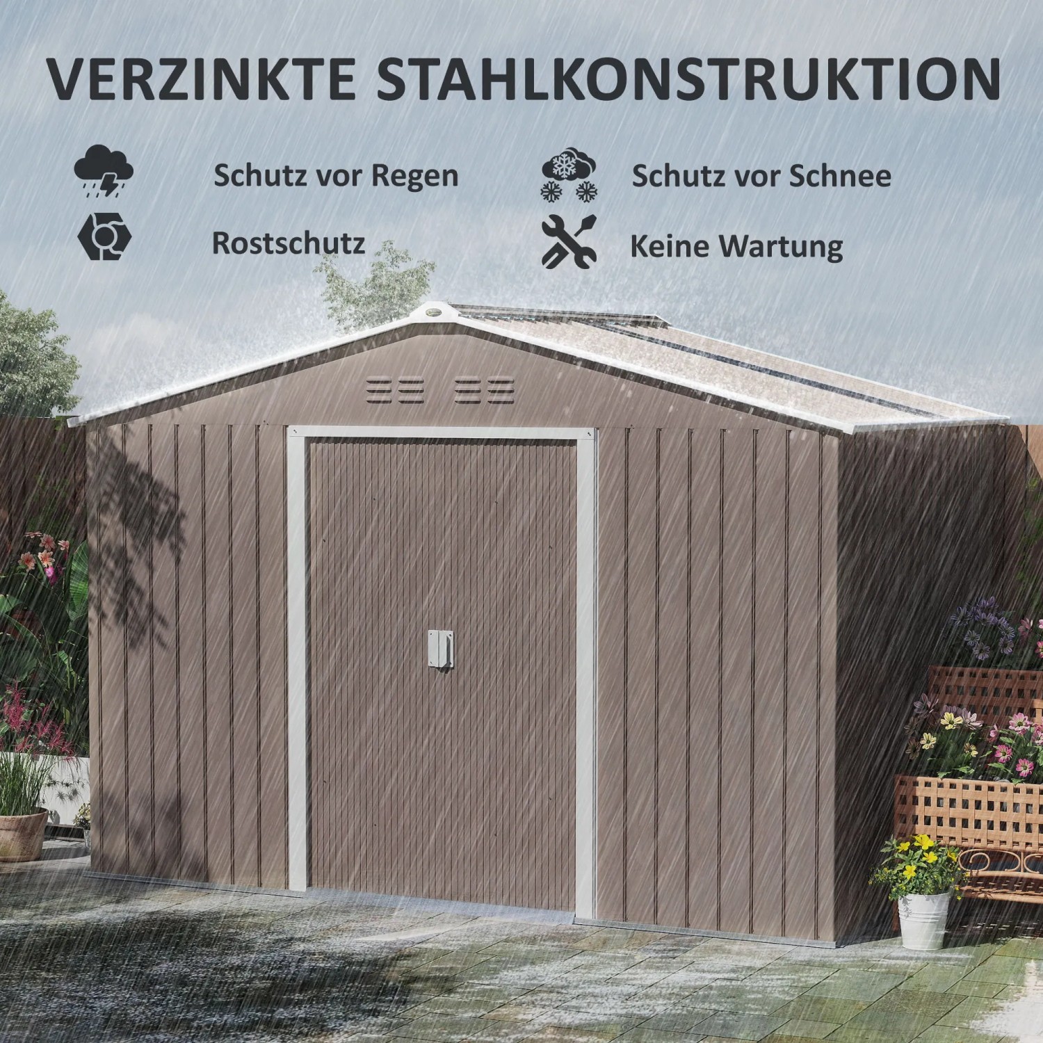 Outsunny Gartenhaus, hellgrau, mit Satteldach. Stahlkonstruktion, wetterfest und wartungsarm.