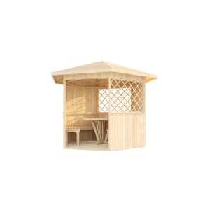 Weka Holz-Pavillon Mainau, naturbelassen, mit Rankgitter und Sitzgarnitur.
