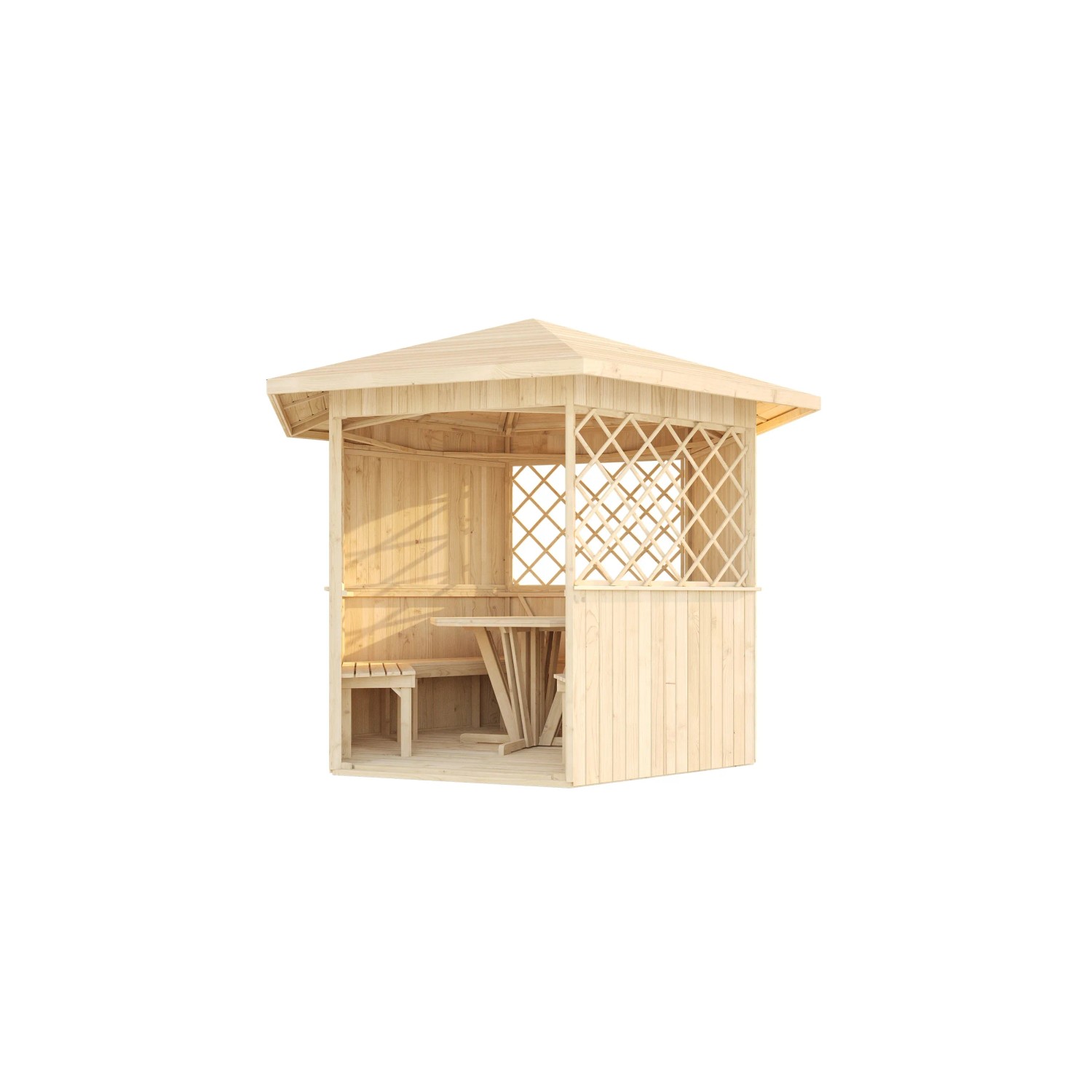 Weka Holz-Pavillon Mainau, naturbelassen, mit Rankgitter und Sitzgarnitur.