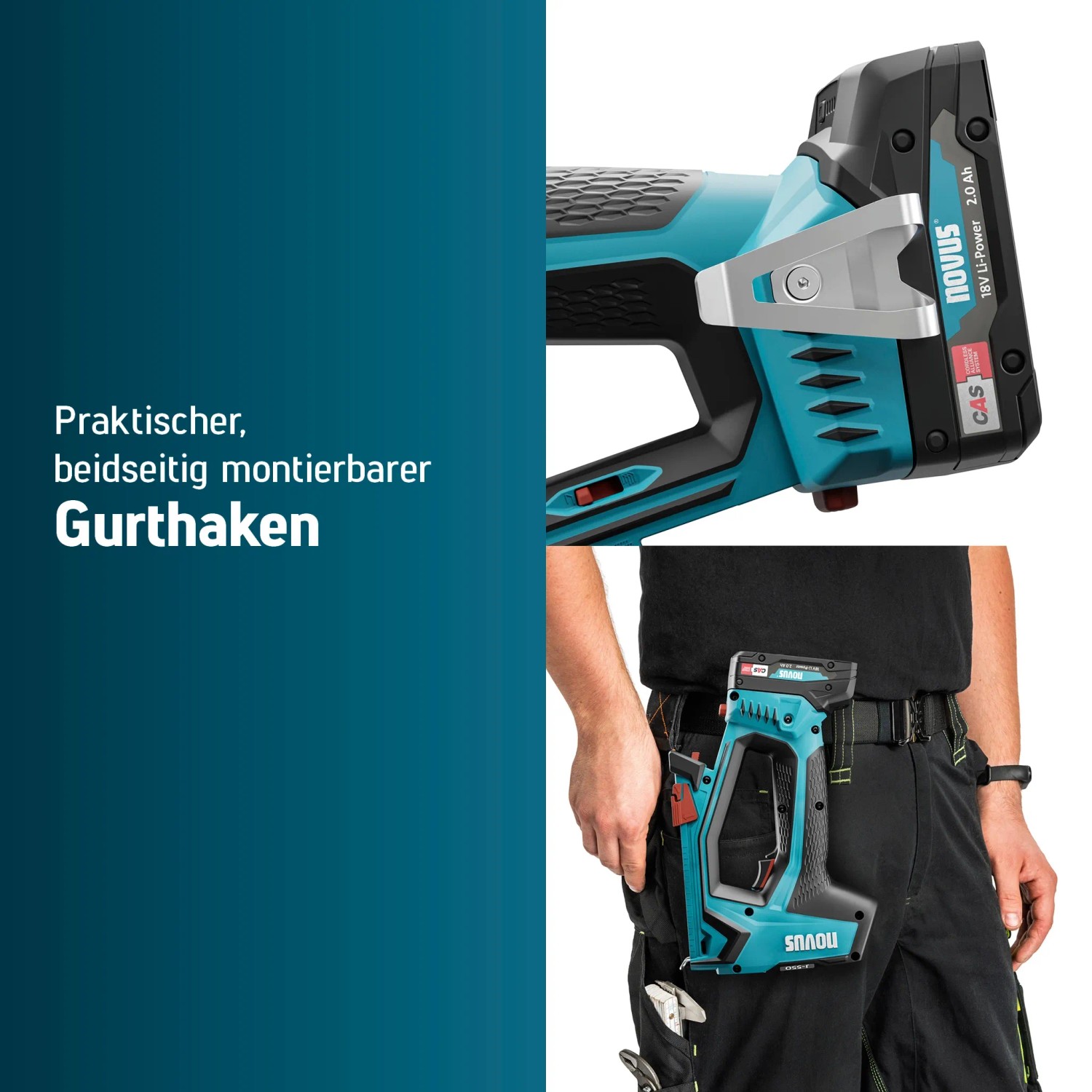 Novus Akkutacker J-551 mit Gürtelhaken und Akku. Der Tacker wird am Gürtel getragen.