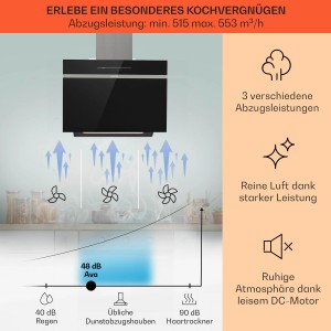 Klarstein Ava 60 Dunstabzugshaube, schwarze Wandhaube mit WiFi und Touch-Bedienung.